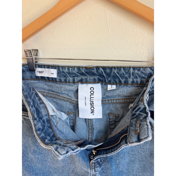 Collusion x007 Wide Leg Jeans Mid Wash Blue High Rise Raw Hem 30/32 (fits 28x29) - Picture 4 of 10